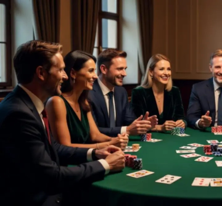Groep mensen rond een pokertafel tijdens een evenement