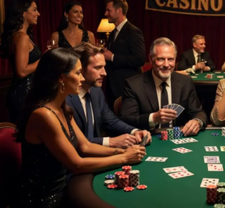 Groep mensen rond een pokertafel tijdens een thema-avond